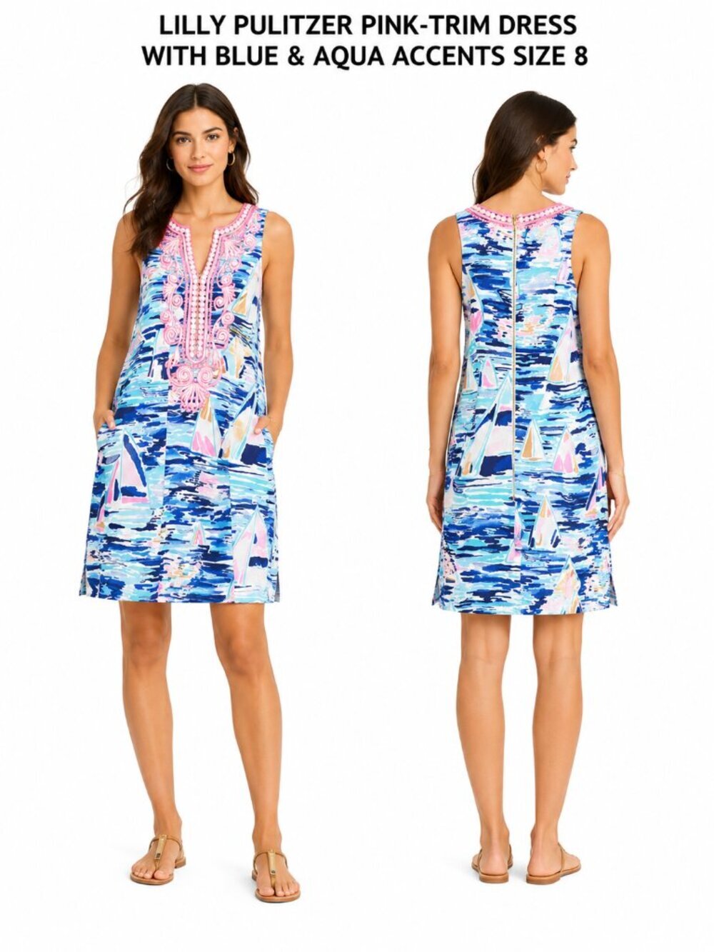 LILLY PULITZER BLUE AQUA SAILBOAT SHIFT DRESS SIZE 8 EMBROIDERED TRIM